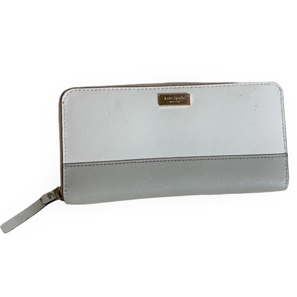 Kate Spade New York Large Slim Cream/Grey Continental Leather Zip-Around Wallet